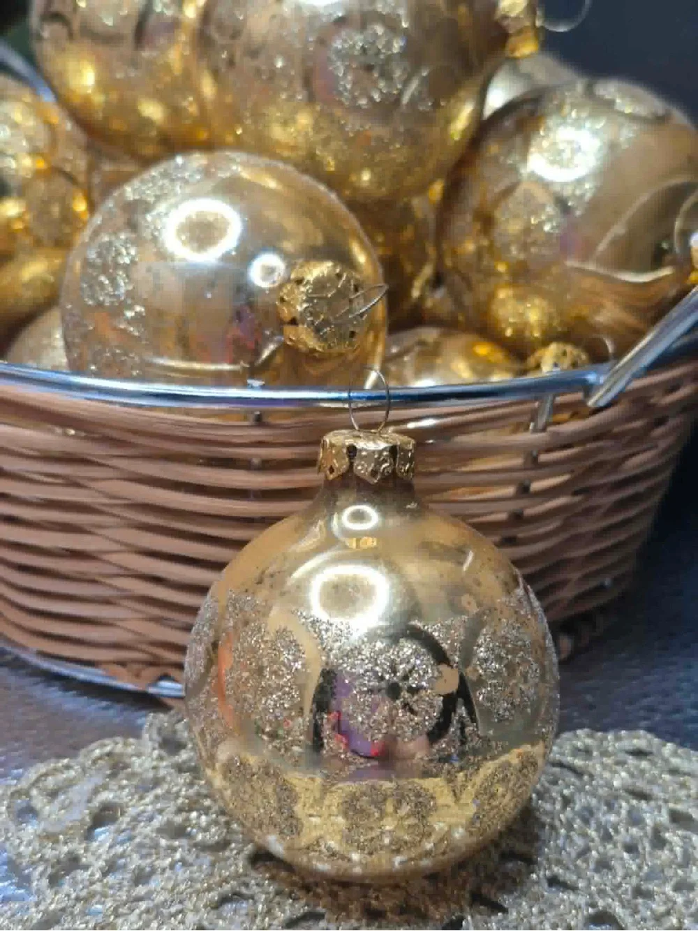 MCM Vintage Gold Mica on Mercury Glass Christmas Ornaments Set 7 - West Germany